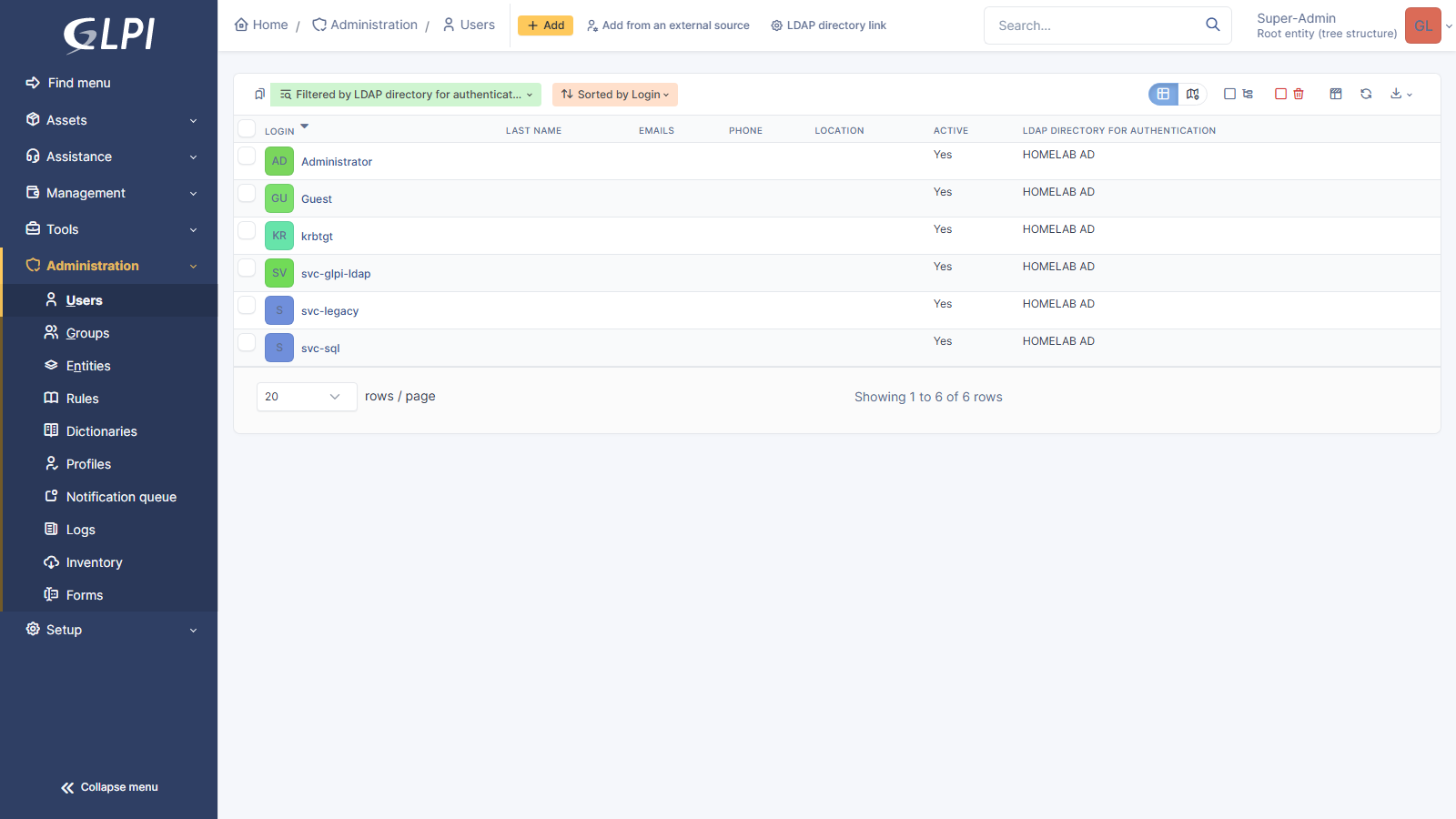GLPI Users list filtered to the LDAP source, showing exactly the six real accounts left after cleaning up the AD security groups that got pulled in by mistake