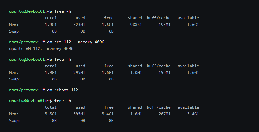 Terminal output showing free -h on devbox01 stuck at 1.9GB right after the memory bump, then 3.8GB after a reboot, confirming the change only took effect once the VM restarted