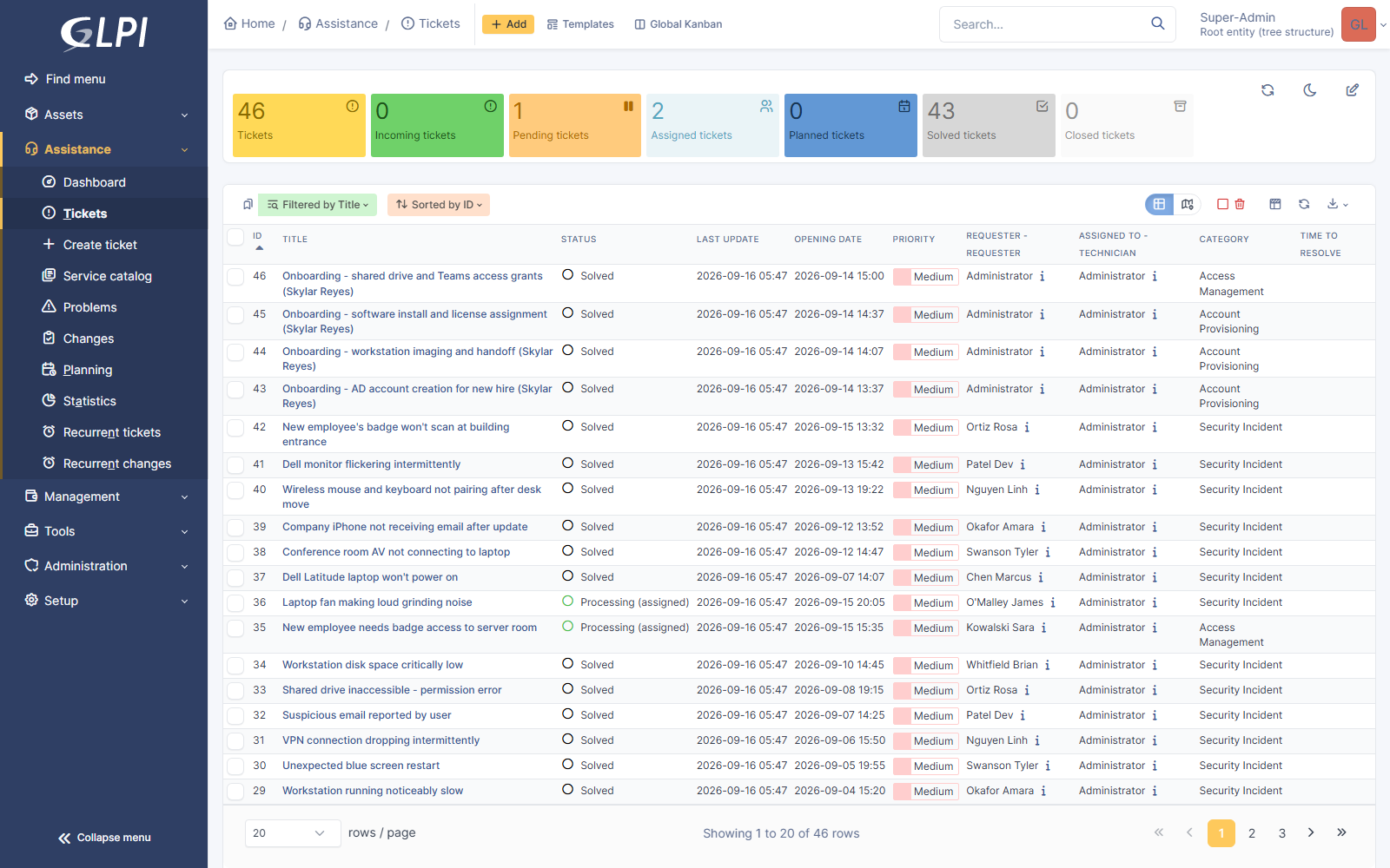 GLPI ticket list showing real volume across incident, service request, problem, and change types, with a mix of Solved and Processing statuses